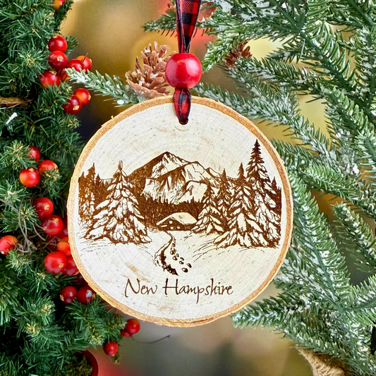 New England Birch Ornaments – 3" Round Laser Engraved