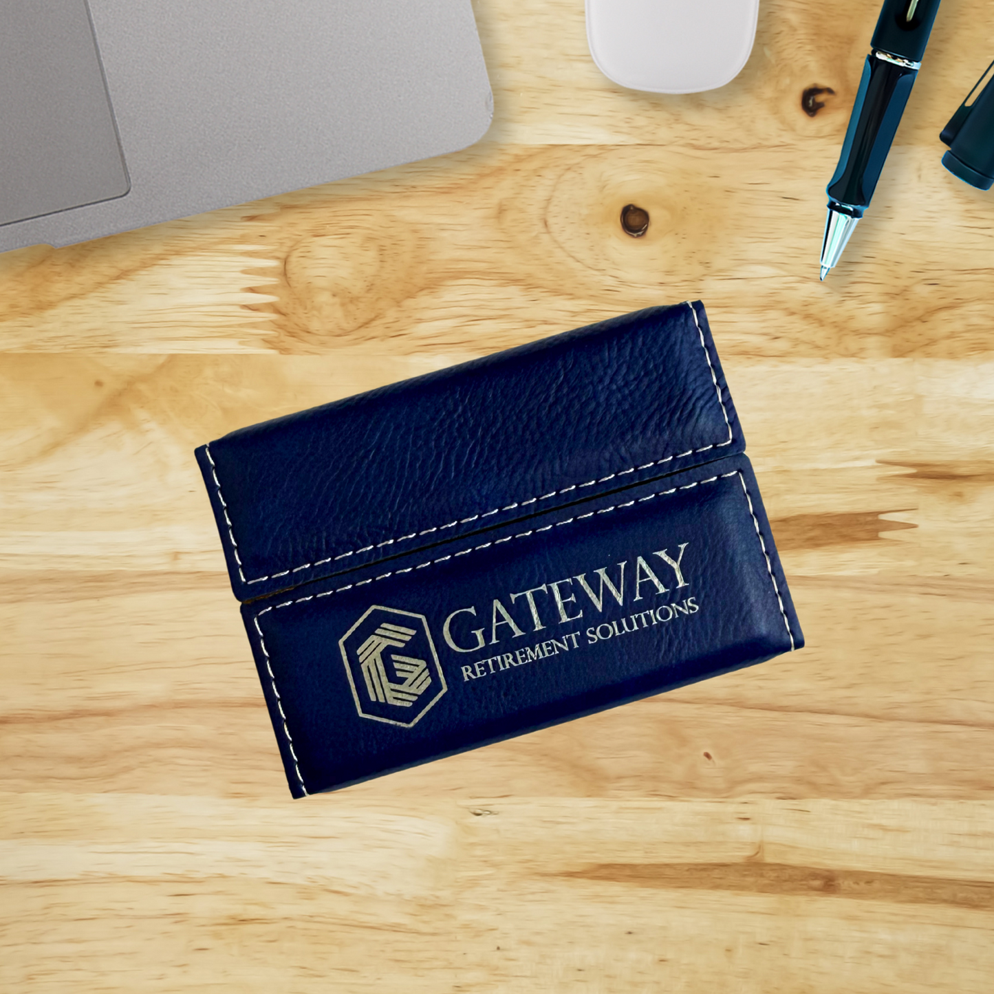 Custom Engraved Blue and Silver Leatherette Business Card Holder – Hard Case (3 3/4" x 2 3/4")