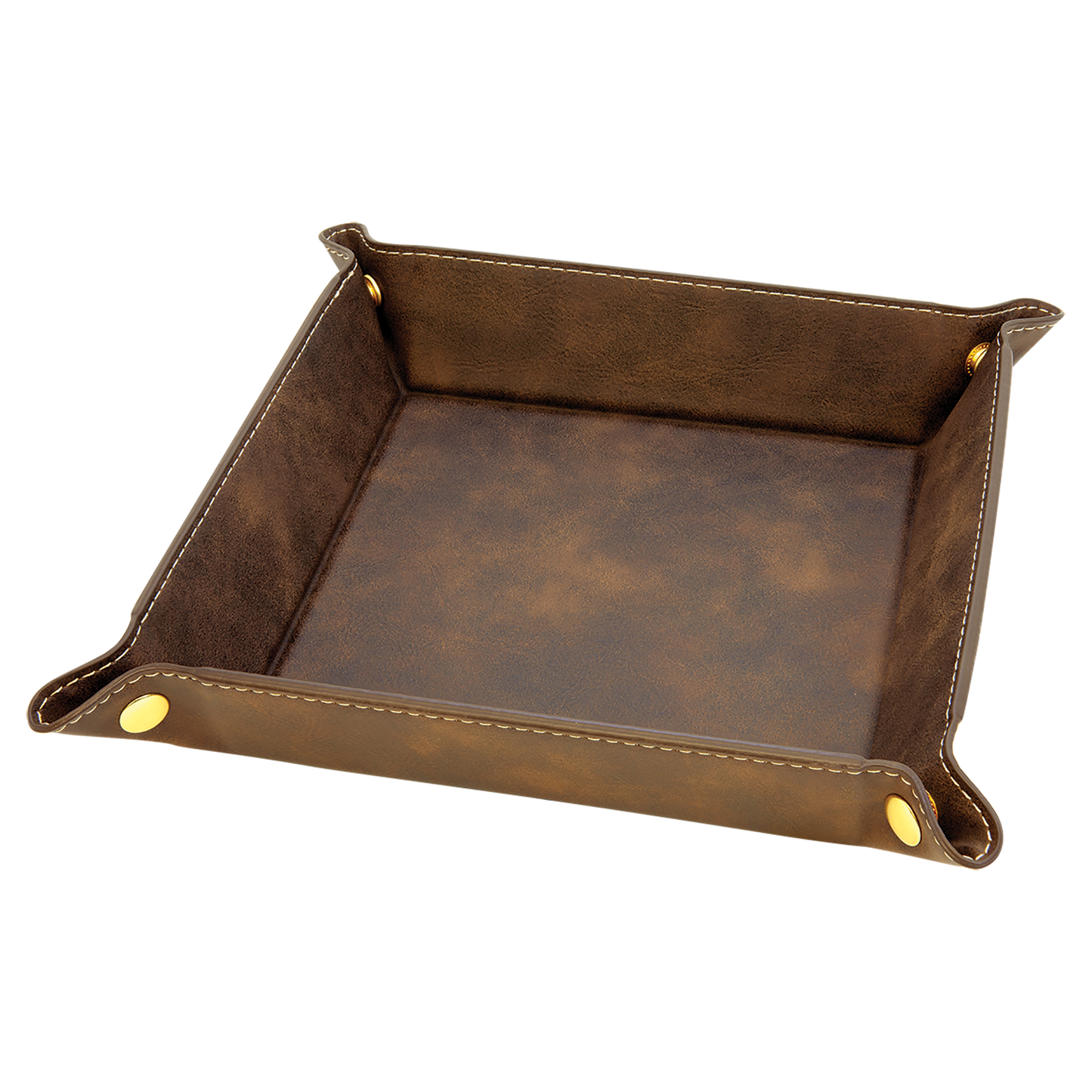 Rustic Brown Leatherette Snap-Up Tray with Gold Snaps – 6" x 6" Custom Engraved - Your Logo or Design