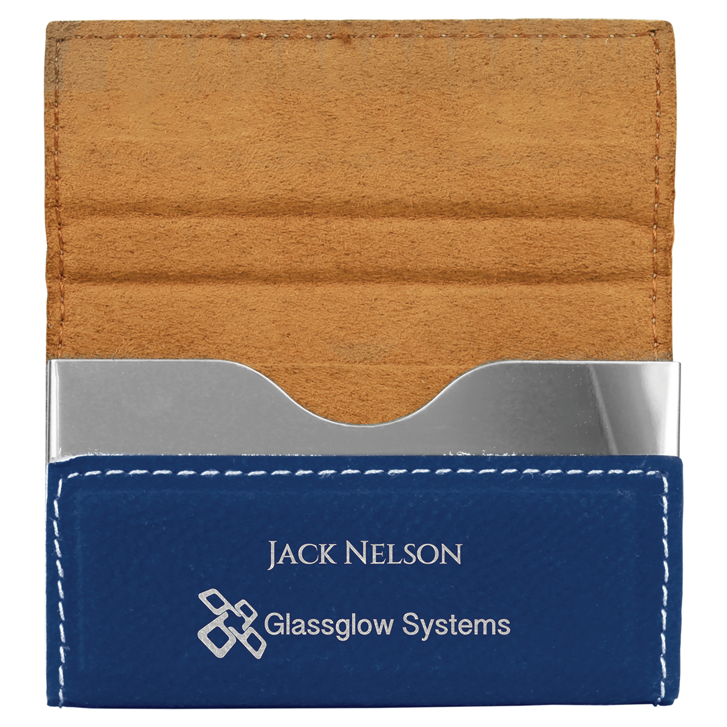 Custom Engraved Blue and Silver Leatherette Business Card Holder – Hard Case (3 3/4" x 2 3/4")