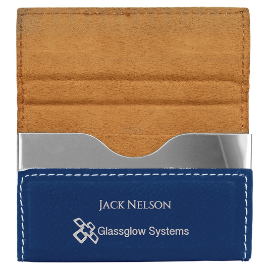 Custom Engraved Blue and Silver Leatherette Business Card Holder – Hard Case (3 3/4" x 2 3/4")