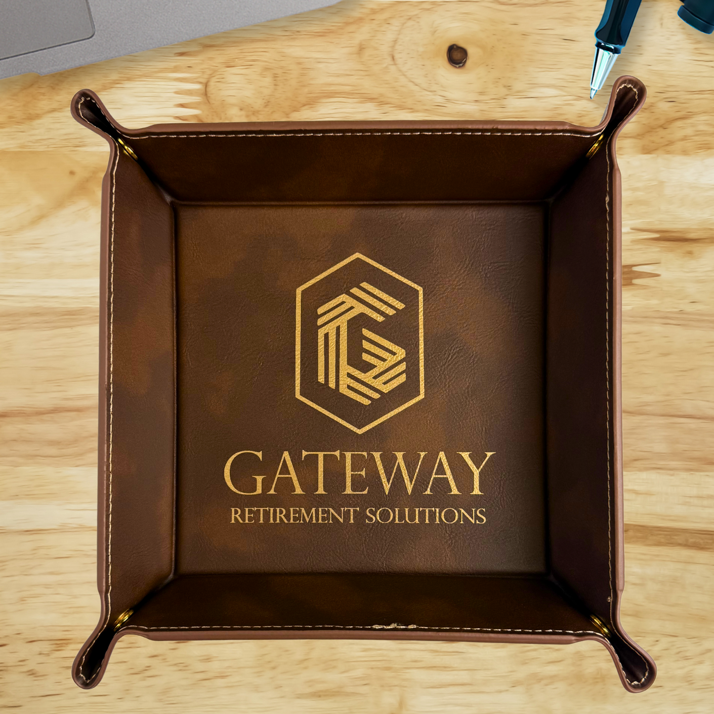 Rustic Brown Leatherette Snap-Up Tray with Gold Snaps – 6" x 6" Custom Engraved - Your Logo or Design