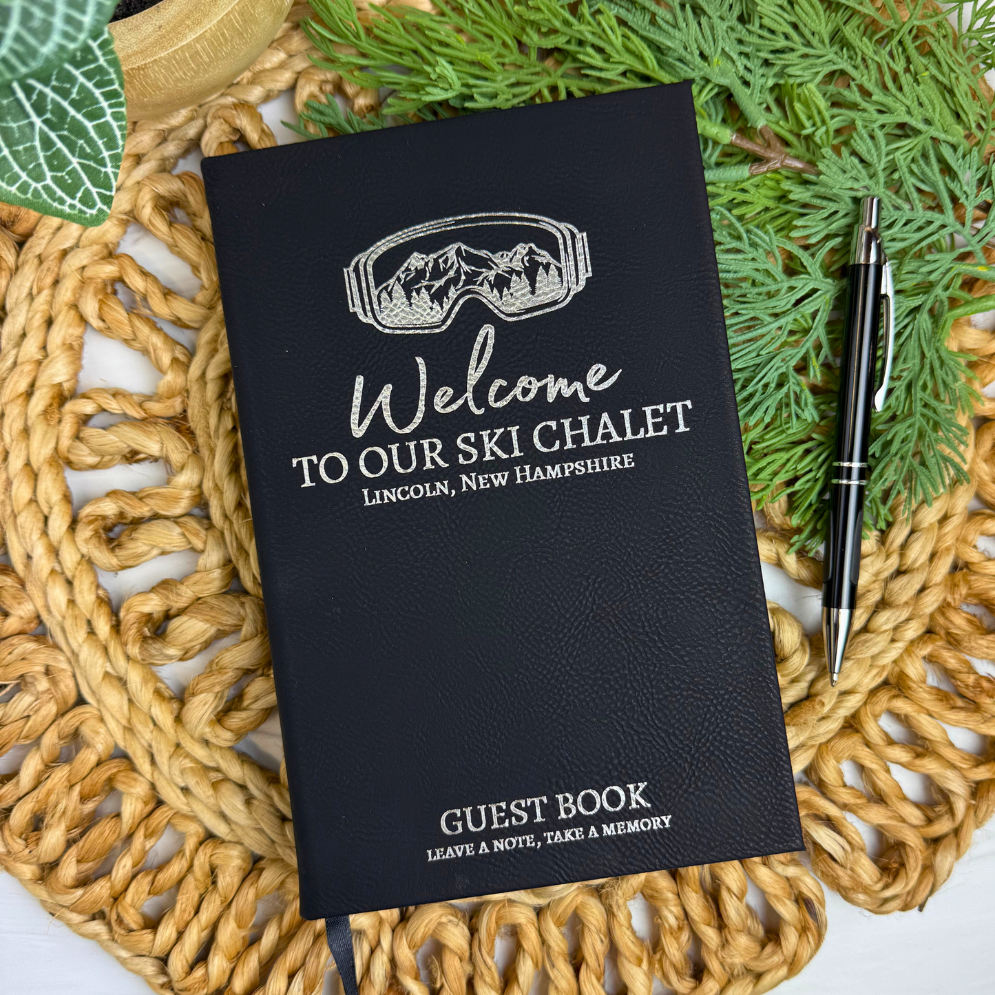 Custom Engraved Leatherette Guest Book – Welcome to Our Retreat Collection