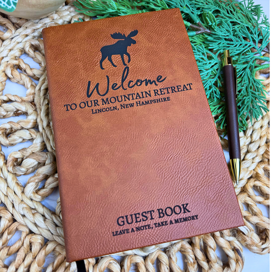 Custom Engraved Leatherette Guest Book – Welcome to Our Retreat Collection