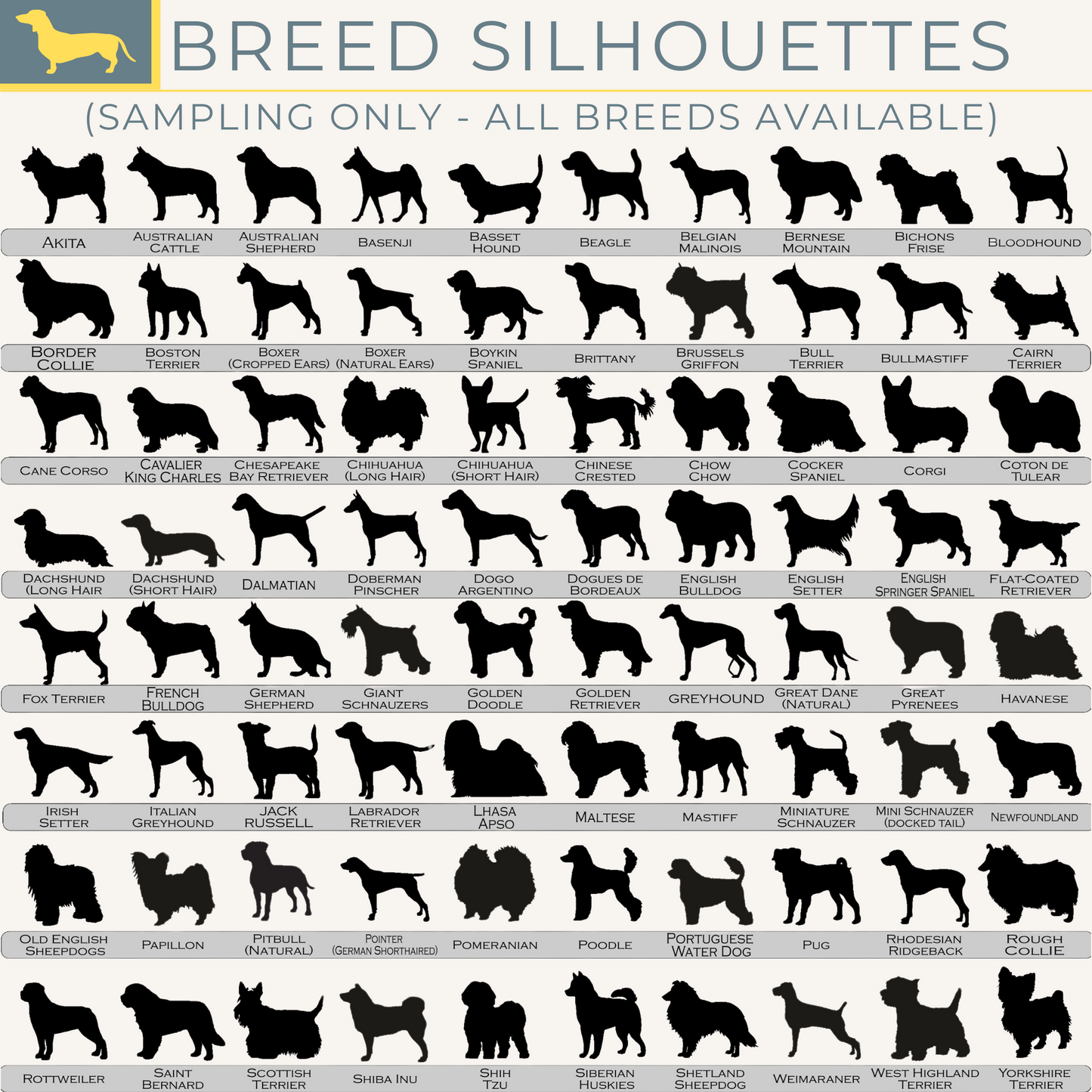 Silhouettes of various dog breeds arranged in a grid.