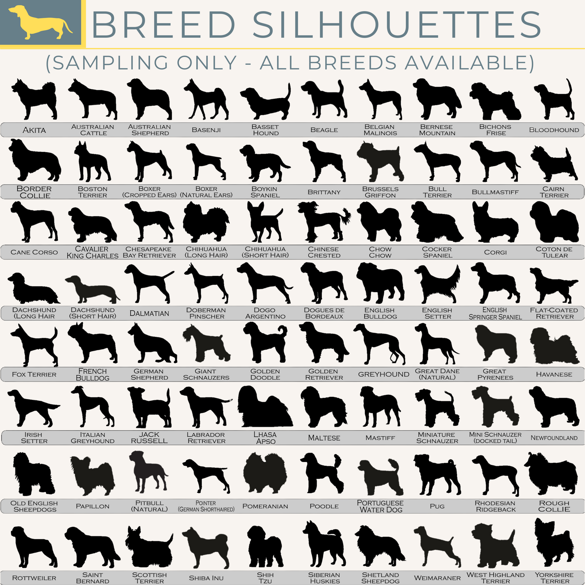 Silhouettes of various dog breeds arranged in a grid.