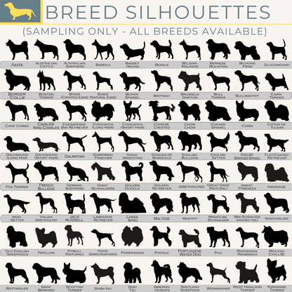 Silhouettes of various dog breeds arranged in a grid.
