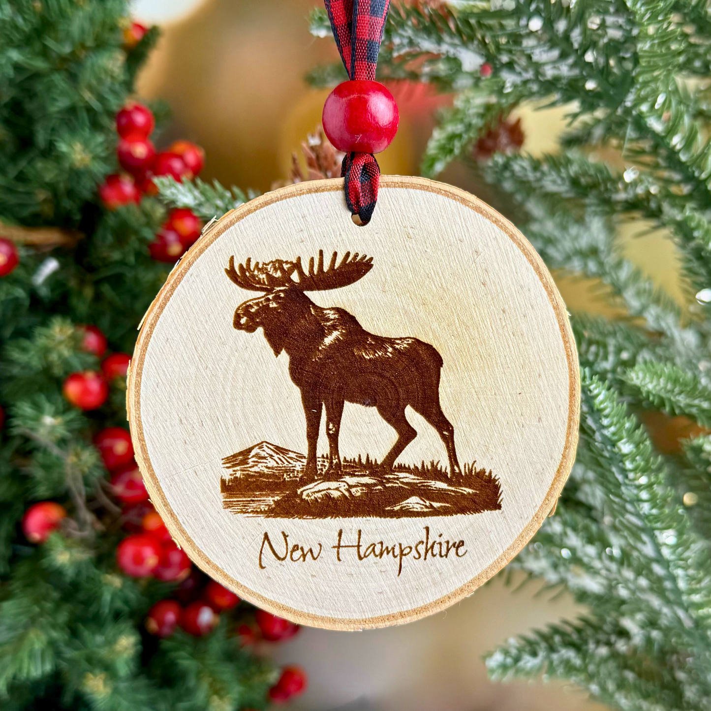 New England Birch Ornaments – 3" Round Laser Engraved