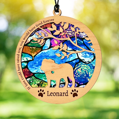 Decorative memorial suncatcher with colorful design and text, featuring an english bulldog silhouette and nature-themed elements.