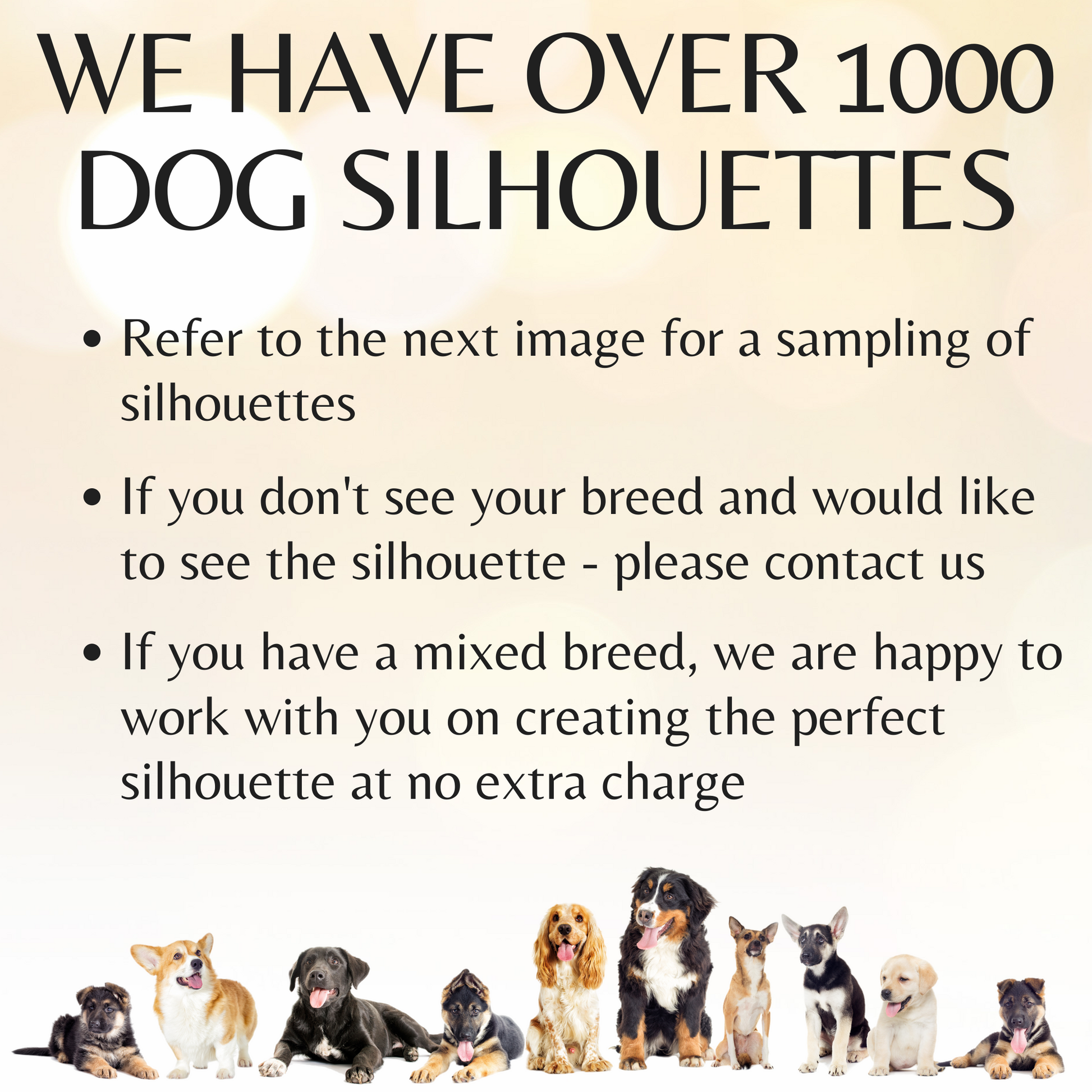 Promotional text about dog silhouettes with a row of various dog breeds at the bottom.