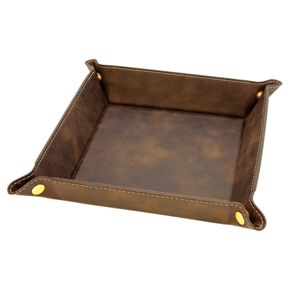 Rustic Brown Leatherette Snap-Up Tray with Gold Snaps – 6" x 6" Custom Engraved - Your Logo or Design