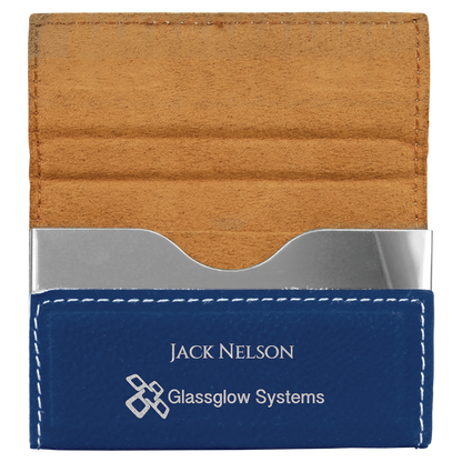 Custom Engraved Blue and Silver Leatherette Business Card Holder – Hard Case (3 3/4" x 2 3/4")