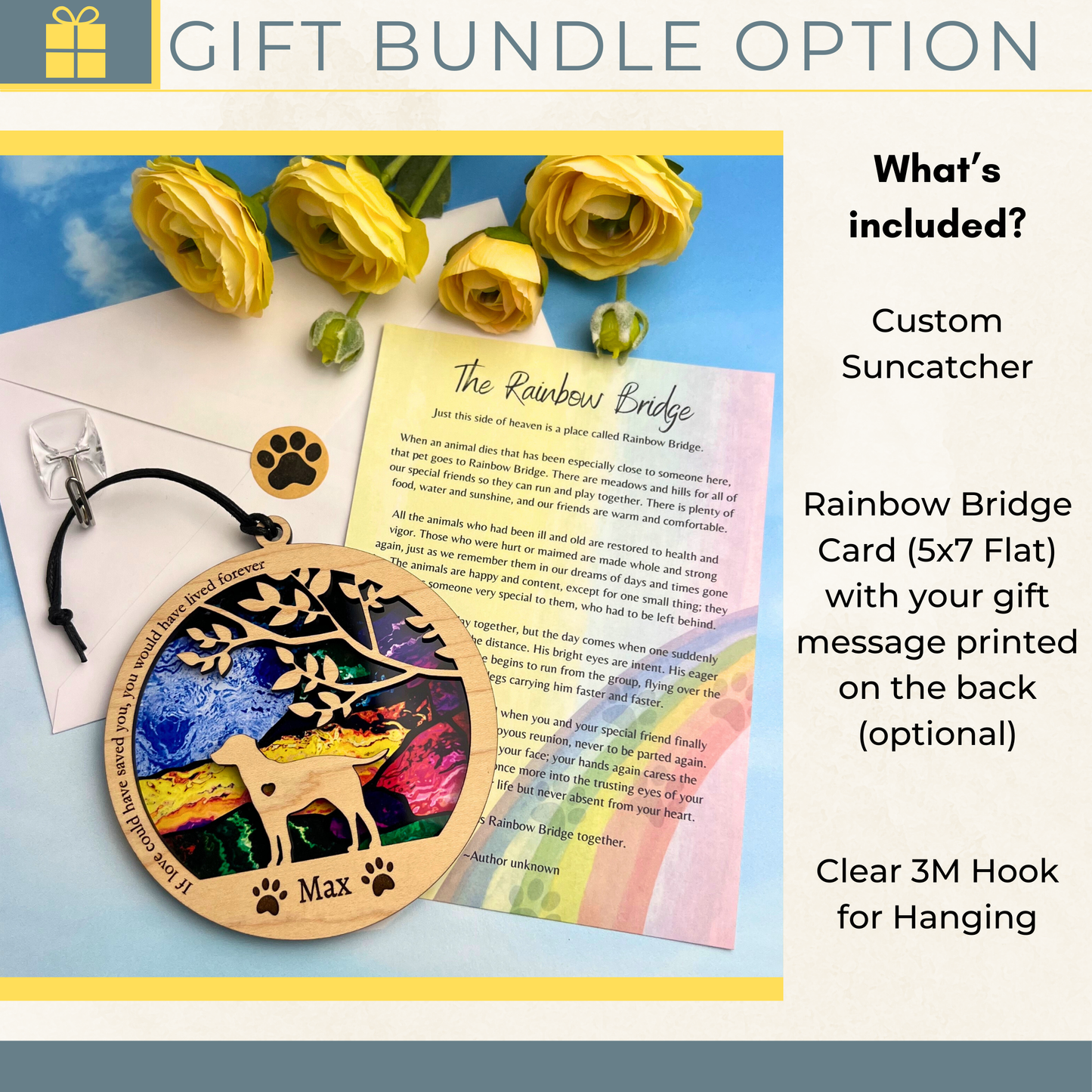 Gift bundle with rainbow bridge suncatcher, card, and hook on a blue background