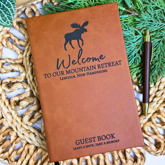 Custom Engraved Leatherette Guest Book – Welcome to Our Retreat Collection