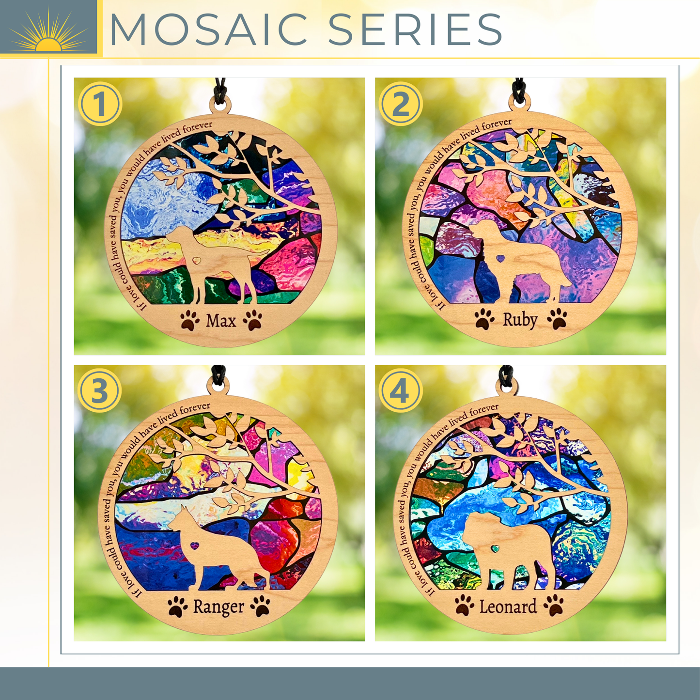 Four colorful mosaic pet memorials with names engraved on a blurred green background.