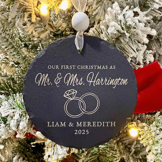 Our First Christmas as Mr. & Mrs. – Personalized Slate Ornament