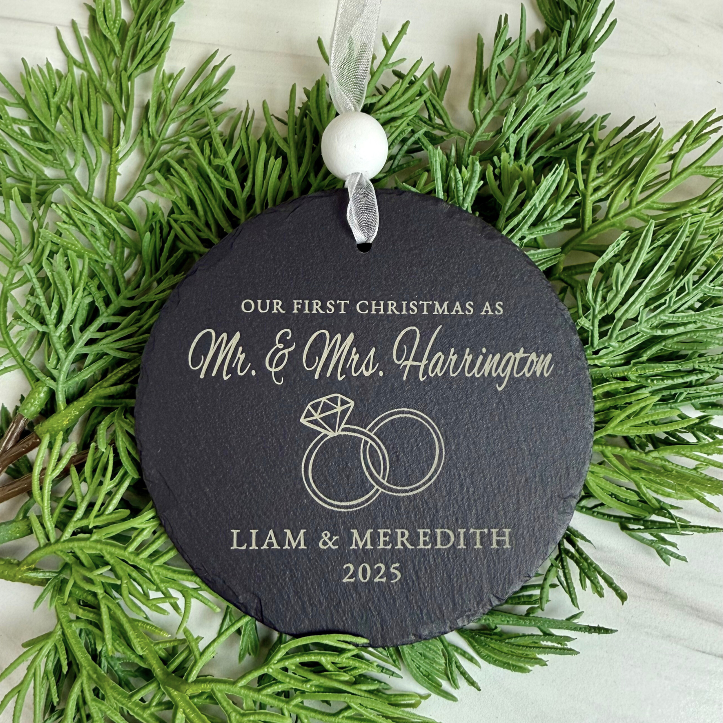 Our First Christmas as Mr. & Mrs. – Personalized Slate Ornament