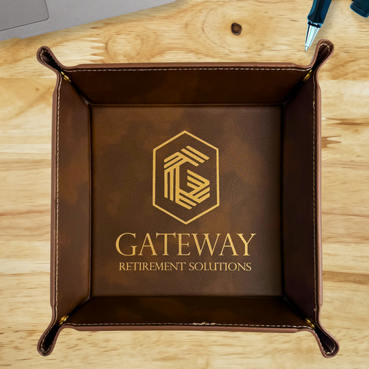 Rustic Brown Leatherette Snap-Up Tray with Gold Snaps – 6" x 6" Custom Engraved - Your Logo or Design
