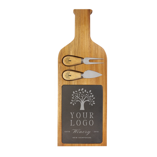 Wine Bottle-Shaped Acacia Wood & Slate Charcuterie Board – with Serving Tools (Your logo or design)
