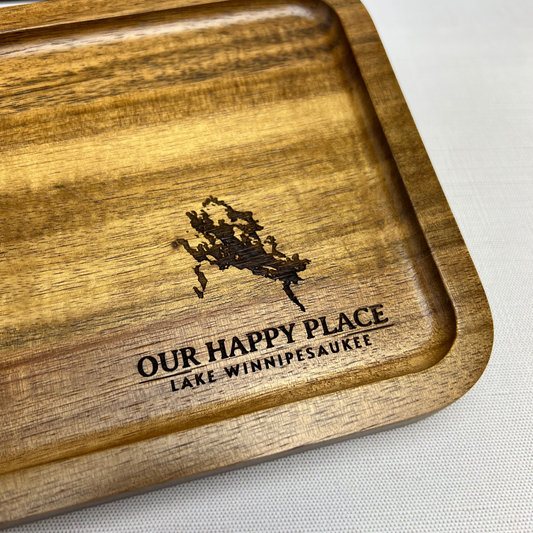 Custom “Our Happy Place” Engraved Wood Tray – Choose Your Favorite Lake
